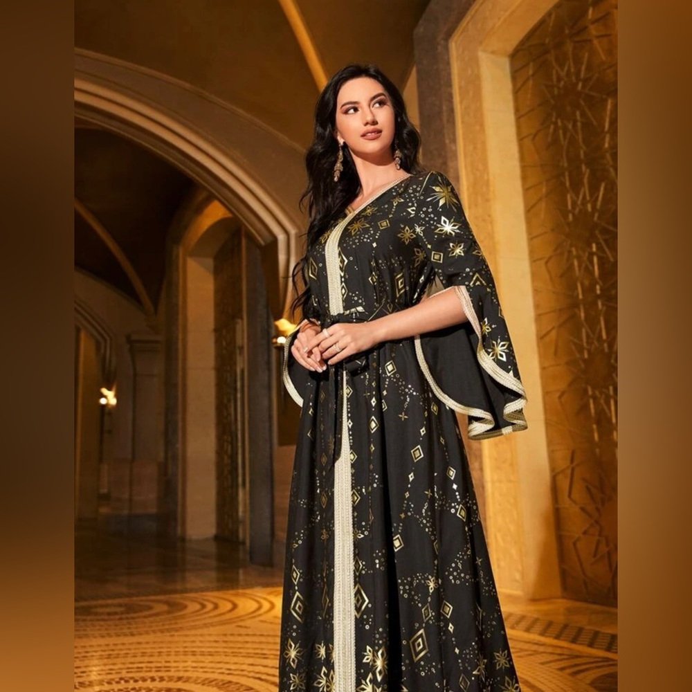 Gold Argyle Print Contrasts Tape Split Cuff Belted Kaftan - Picture 3 of 6